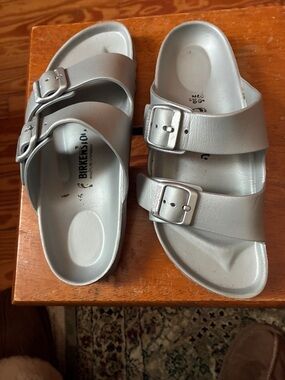 Birkenstock women Silver Double-Buckle Slide Sandals